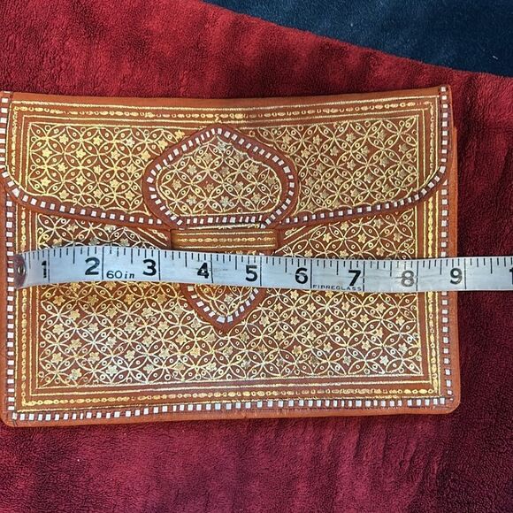 Clutch envelope Tangerine Orange Soft Leather Gold Stamped Accent White Border - Picture 6 of 7